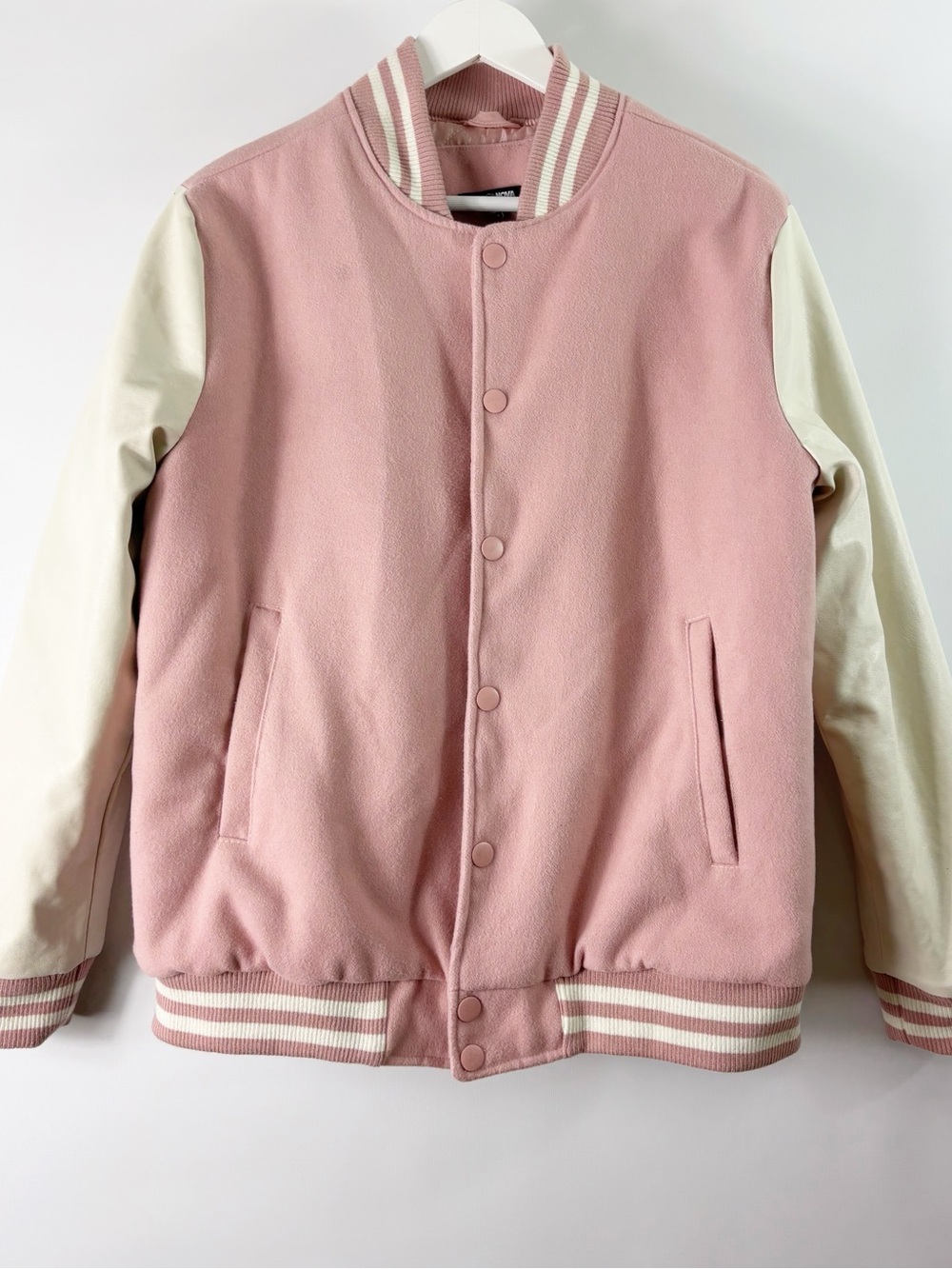 Fashion Nova Pink White Varsity Bomber Jacket Women Size Large